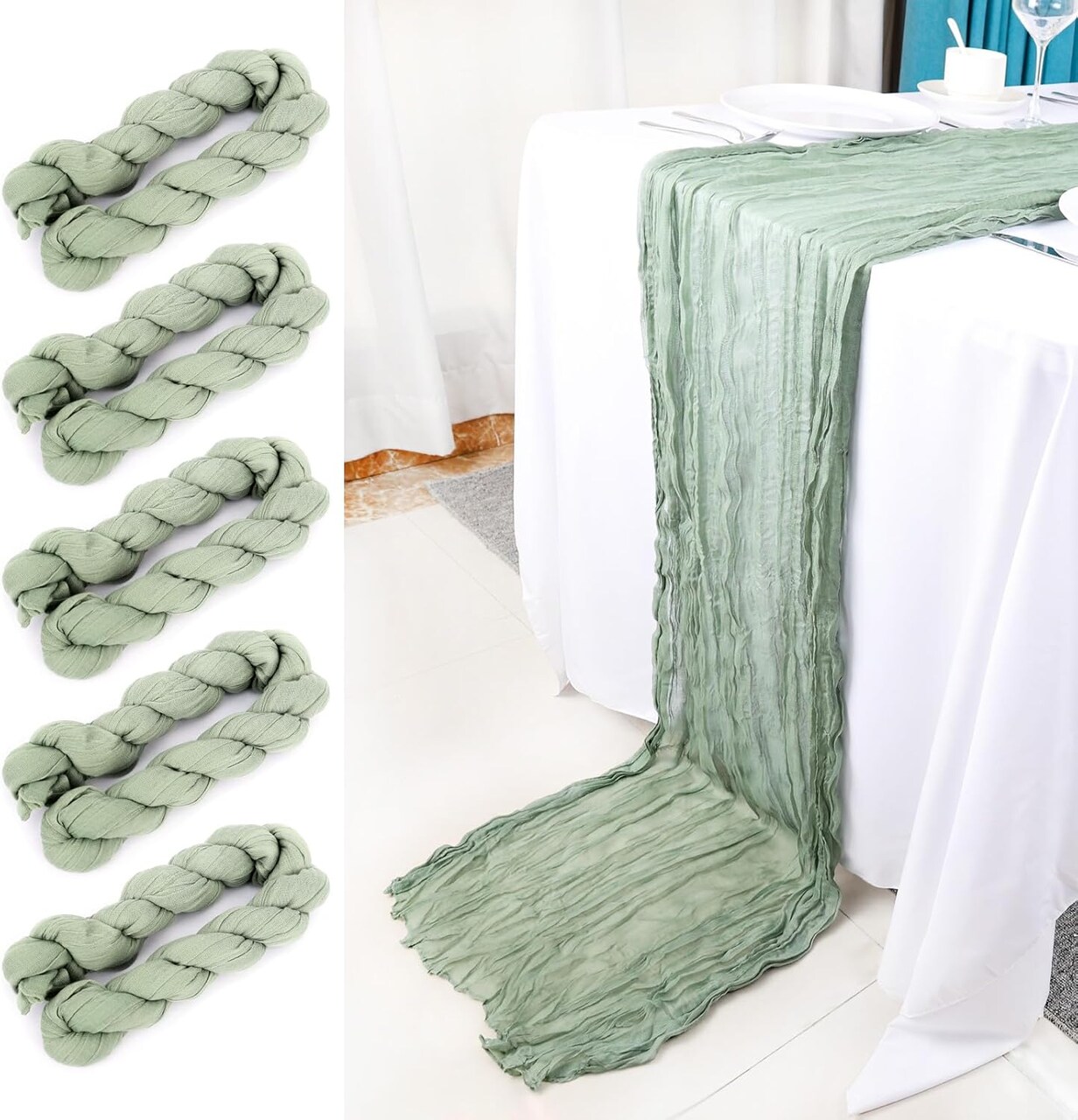 6-Pack Sage Green Cheesecloth Table Runners, 35x120" for Weddings & Showers.